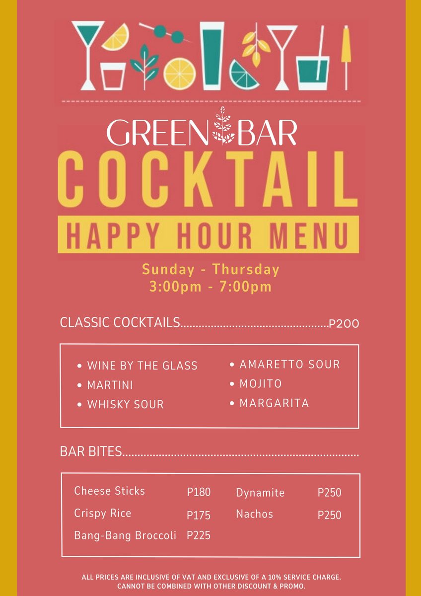 Green Bar Cocktail Happy Hour Menu